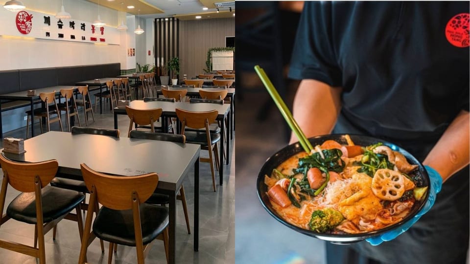 left: interior view of pixiu mala hongtang; right: bestselling malatang from pixiu mala hongtang